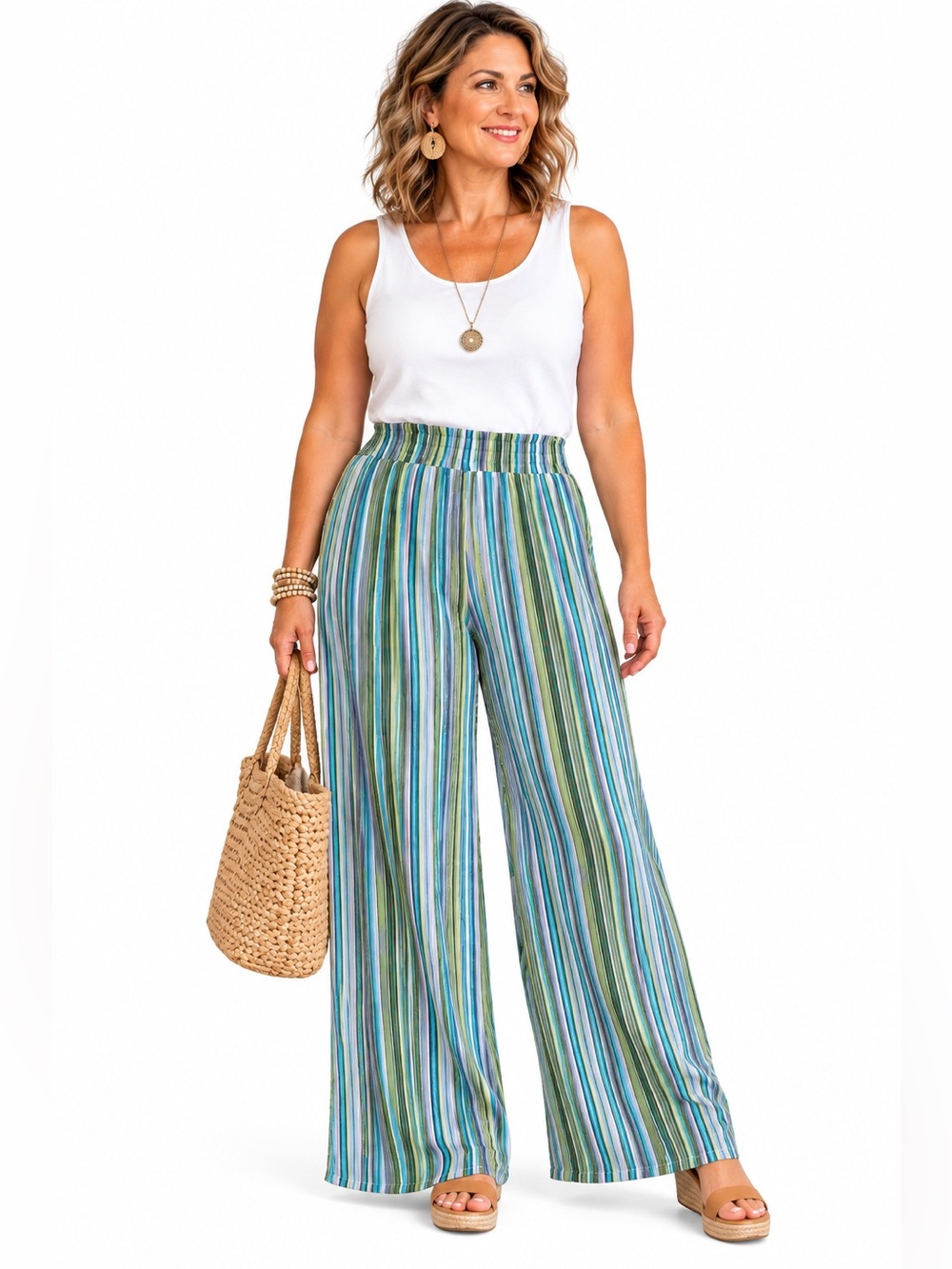 𝙉𝙚𝙬 𝘿𝙞𝙧𝙚𝙘𝙩𝙞𝙤𝙣𝙨 M Palazzo Pants Multicolor Pleated Striped Wide Leg Pull On